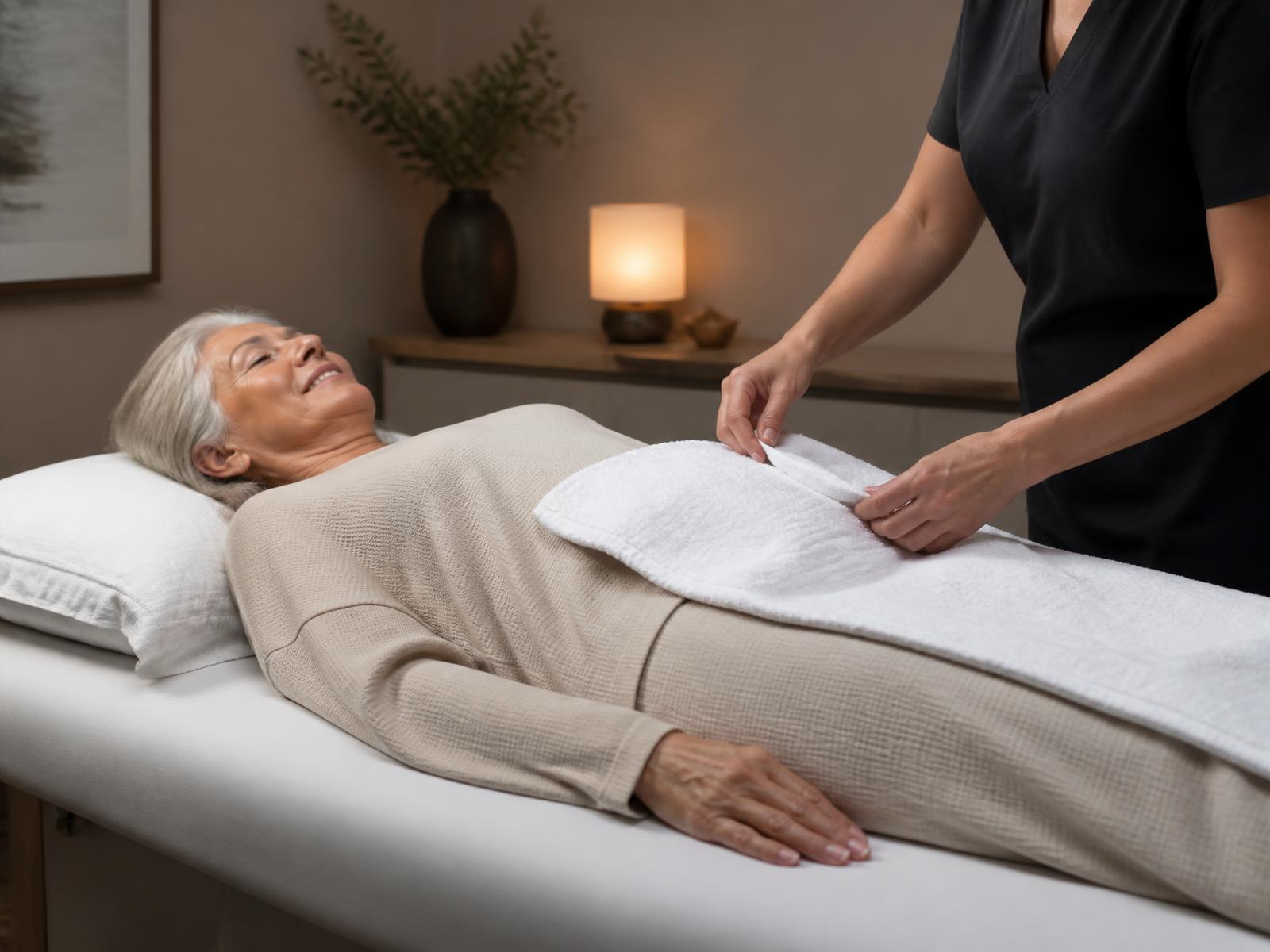 Mature woman being prepared for a body wellness appointment