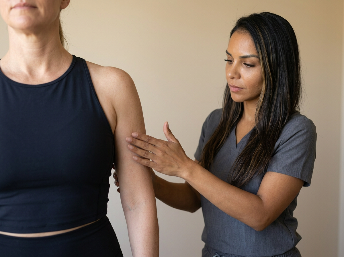Eva assessing a patient's upper-arm skin quality at Grace MedSpa
