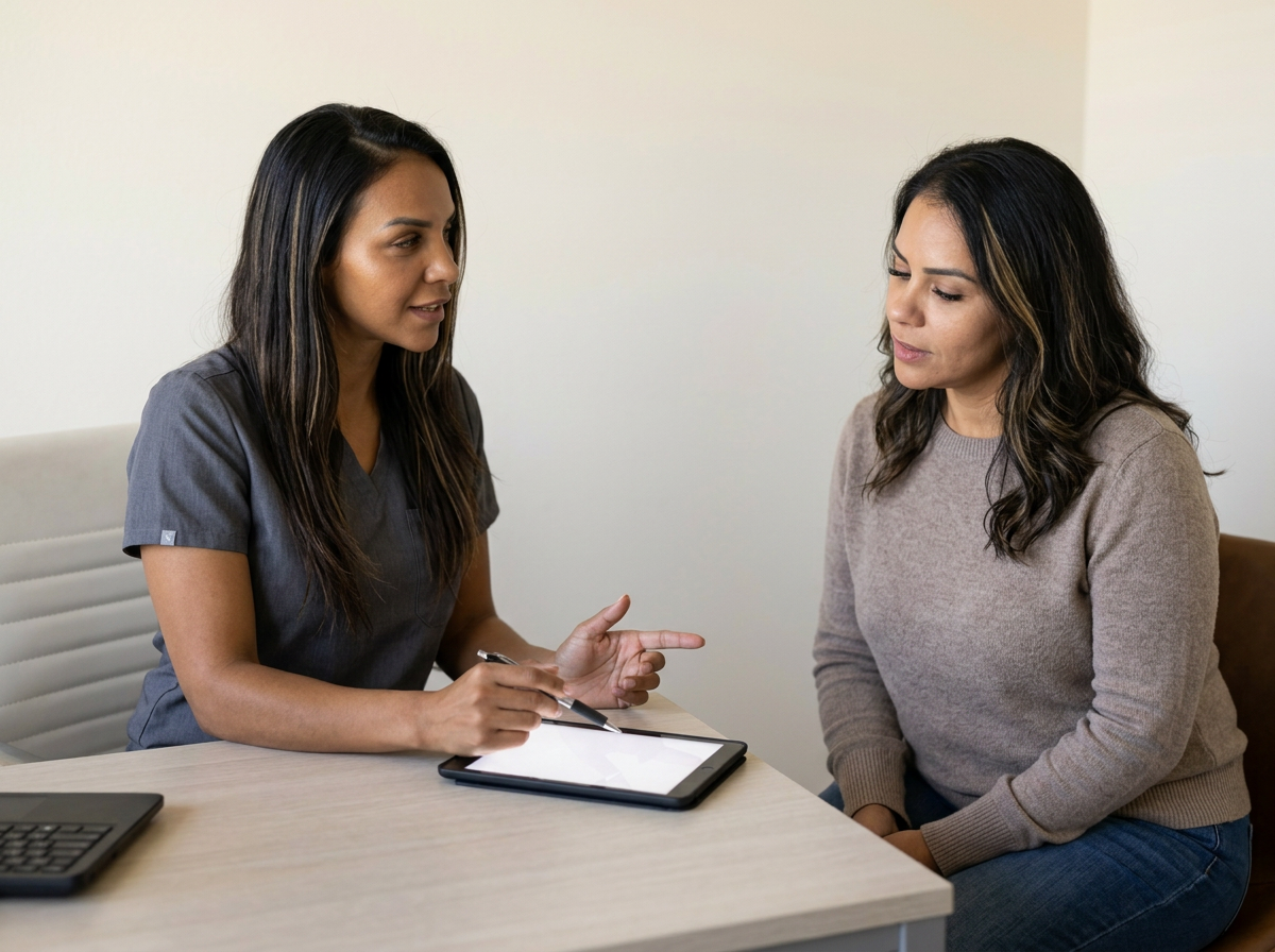Eva discussing an individualized medical weight-management plan with a patient