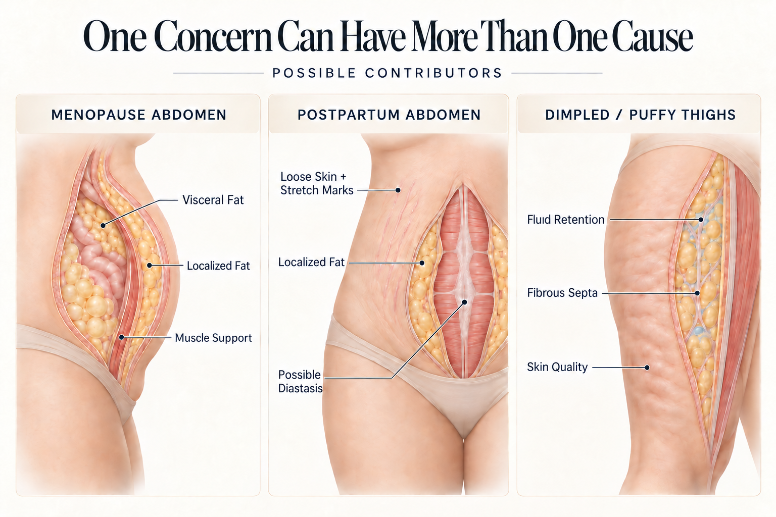 Three anatomical examples showing possible contributors to menopause abdomen, postpartum abdomen and dimpled or puffy thighs.
