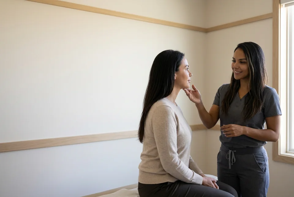 Eva assessing a patient’s jawline during a one-on-one consultation at Grace MedSpa