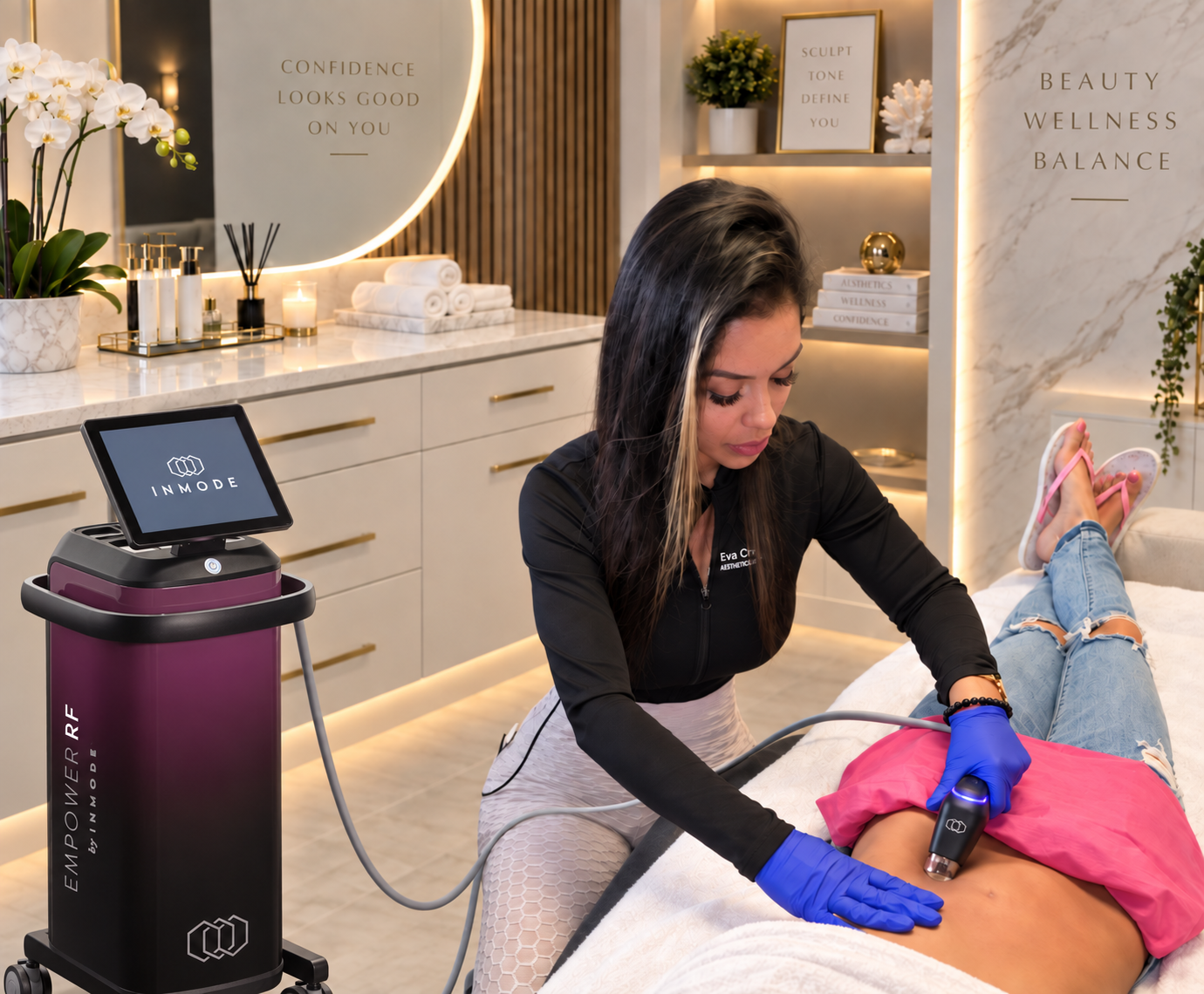 Eva treating a patient's abdomen with the Morpheus8 Body applicator at Grace MedSpa