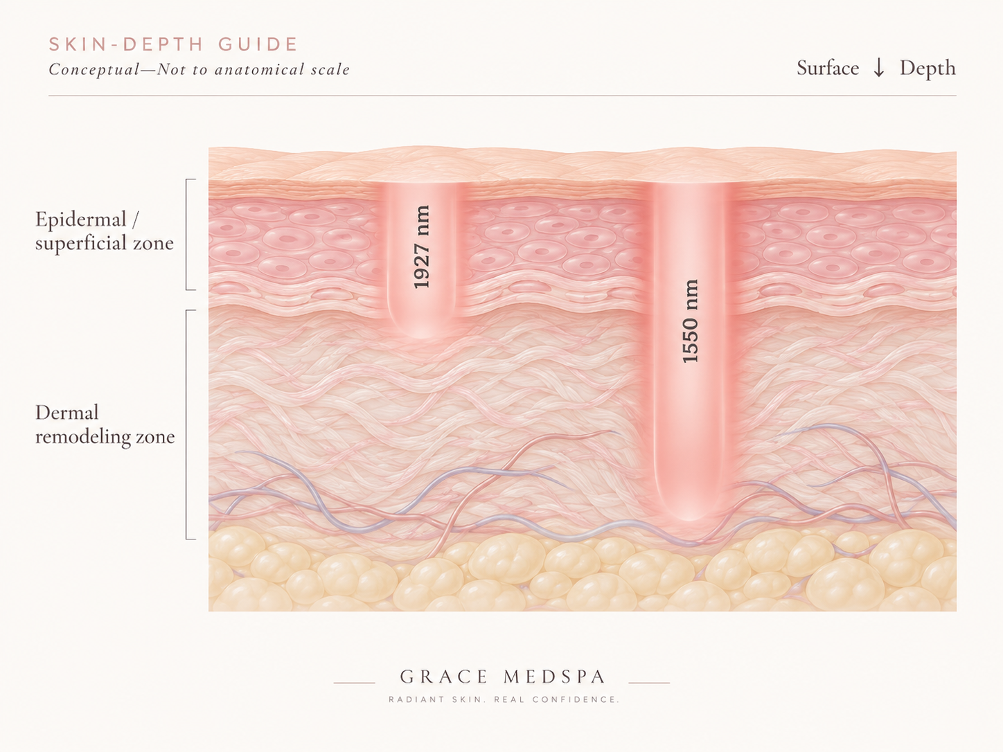 Educational graphic comparing the relative skin depth of 1927 nm and 1550 nm fractional laser wavelengths
