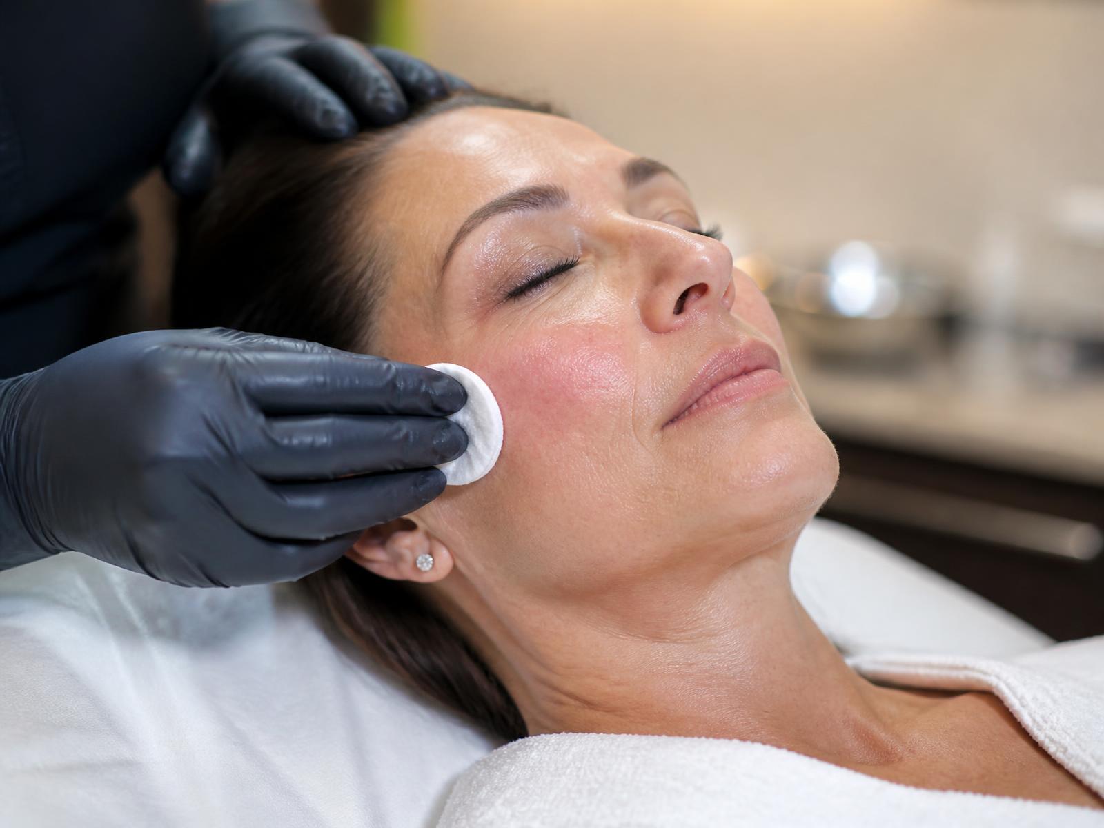 Clinician preparing a woman's face for a resurfacing treatment