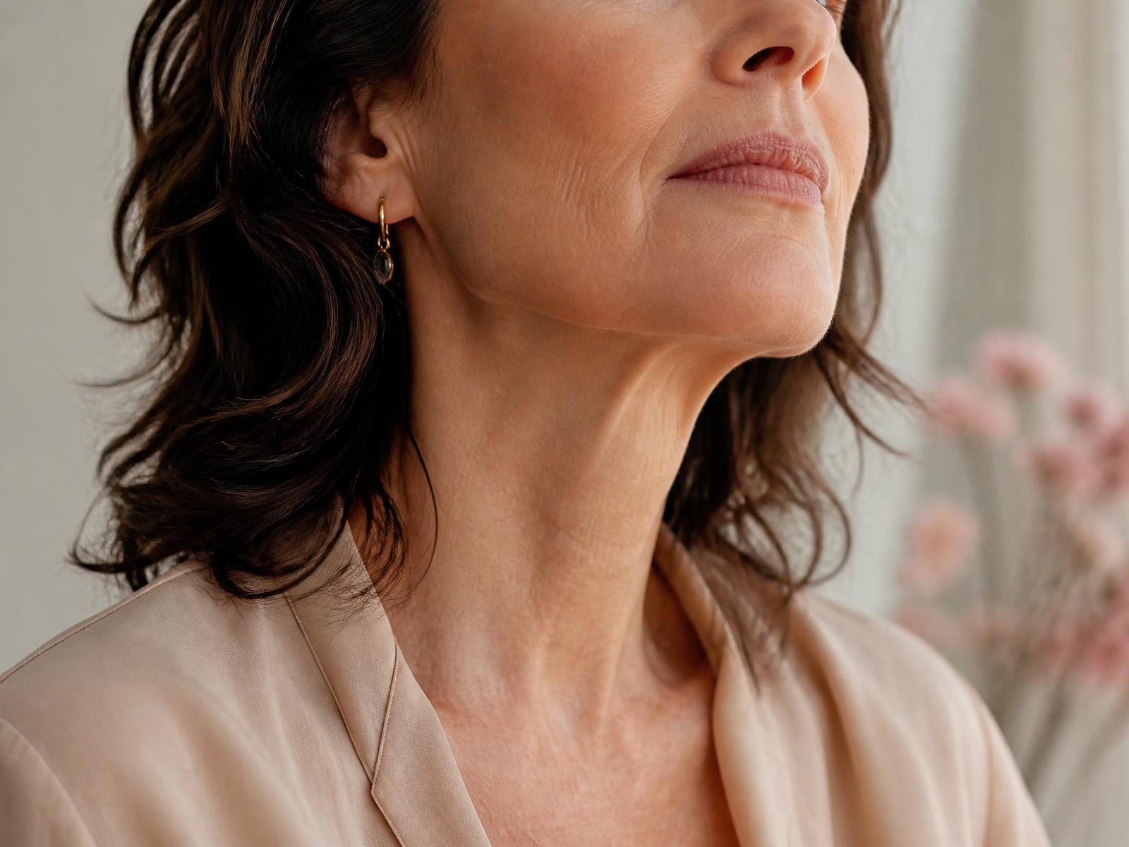 Mature woman showing natural jawline and neck skin