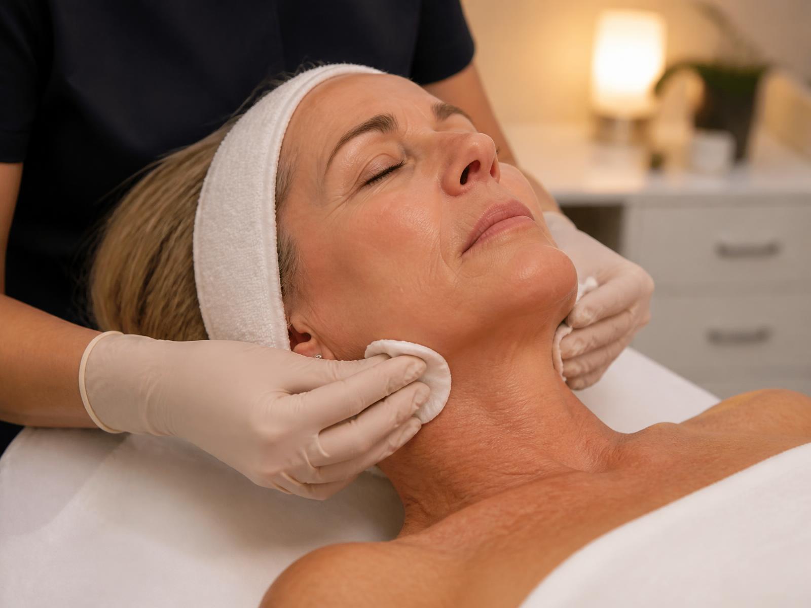 Clinician preparing a woman's lower face and neck for treatment