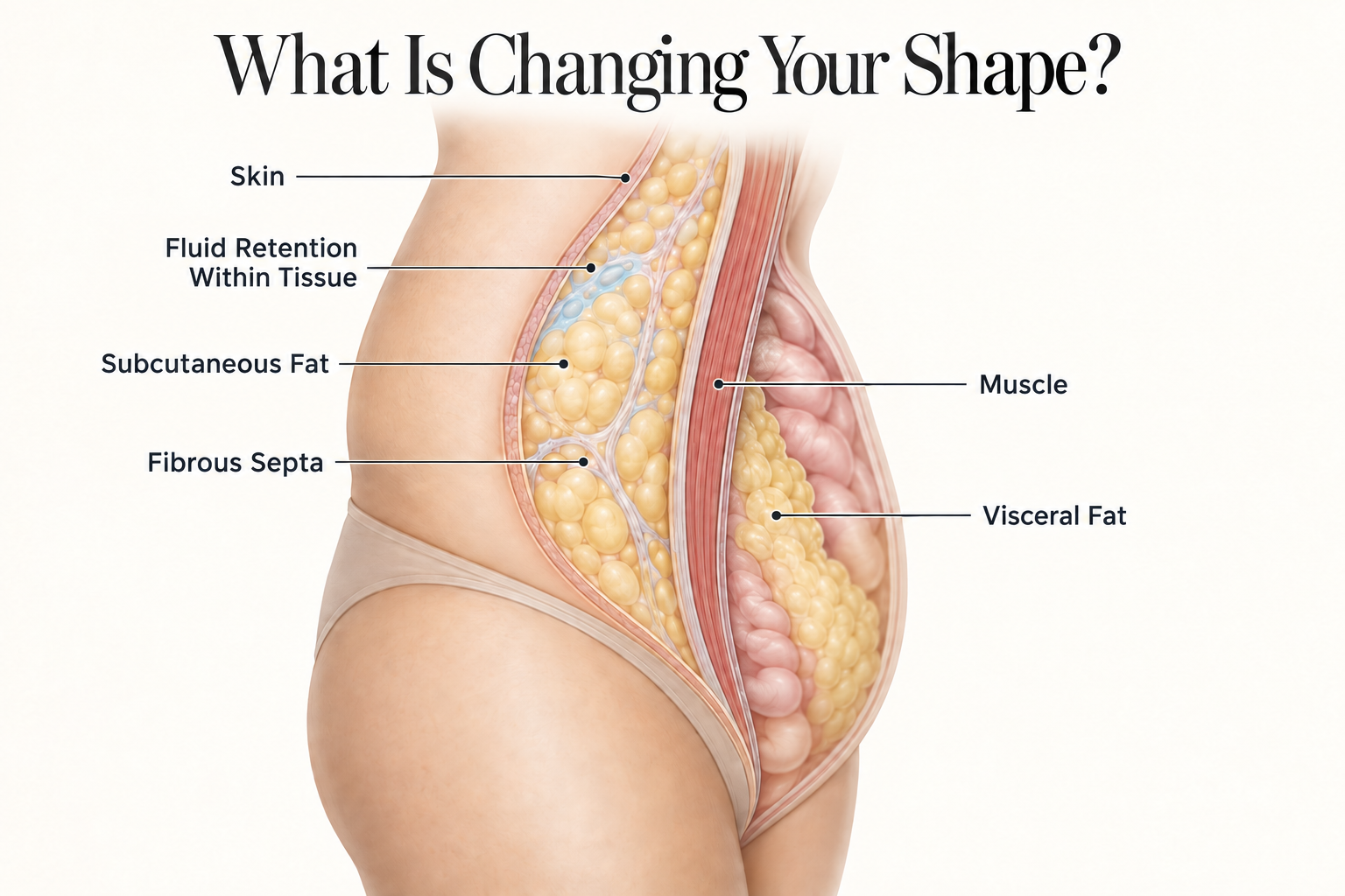 Cross-sectional illustration showing skin, fluid retention within tissue, subcutaneous fat, fibrous septa, abdominal muscle and visceral fat.