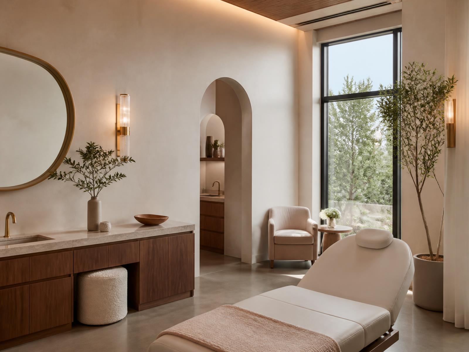 Warm, minimal treatment room with natural light