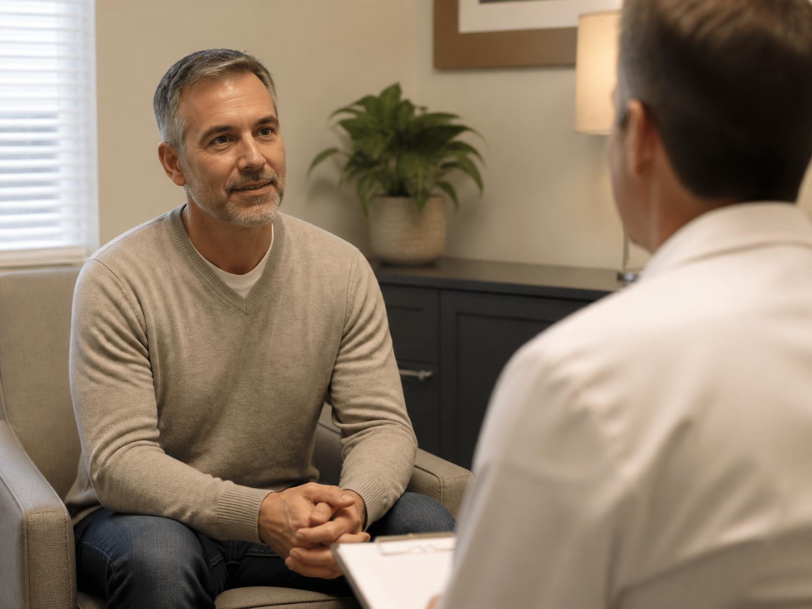 Adult man speaking with a clinician in a private wellness consultation