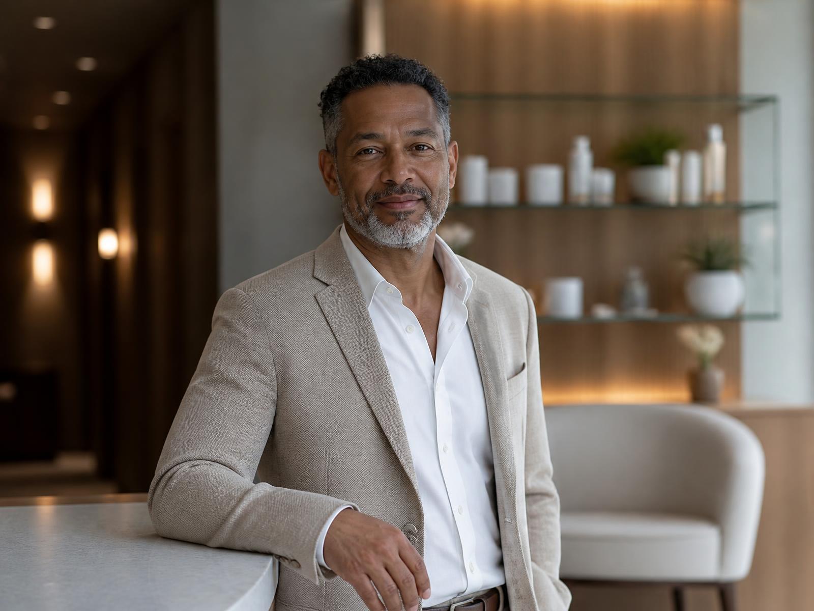 Adult man in a warm modern wellness setting