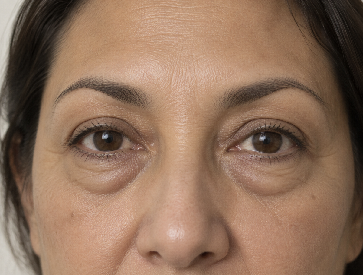 Illustrative close view of fixed convex fullness directly beneath the lower eyelids