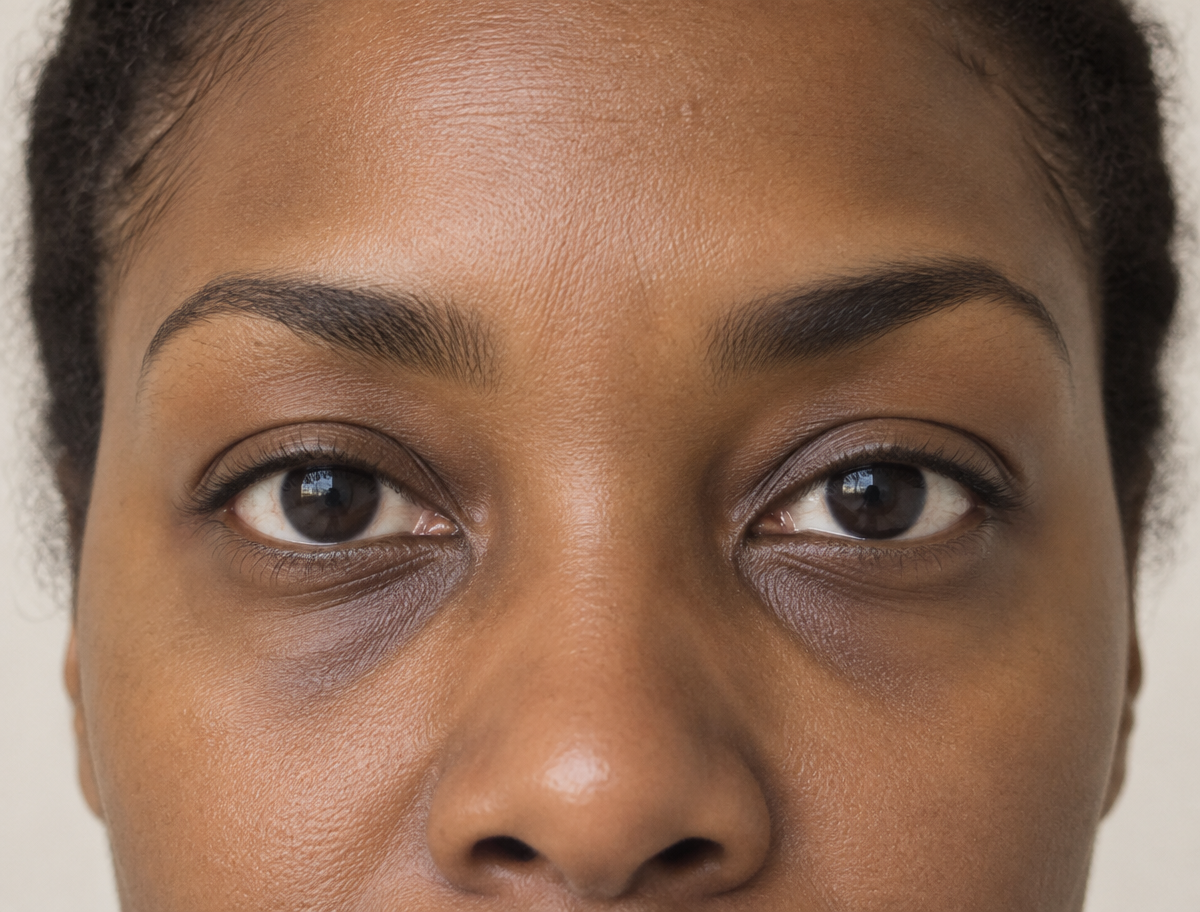 Illustrative close view of flat under-eye contours with brown and blue-purple color