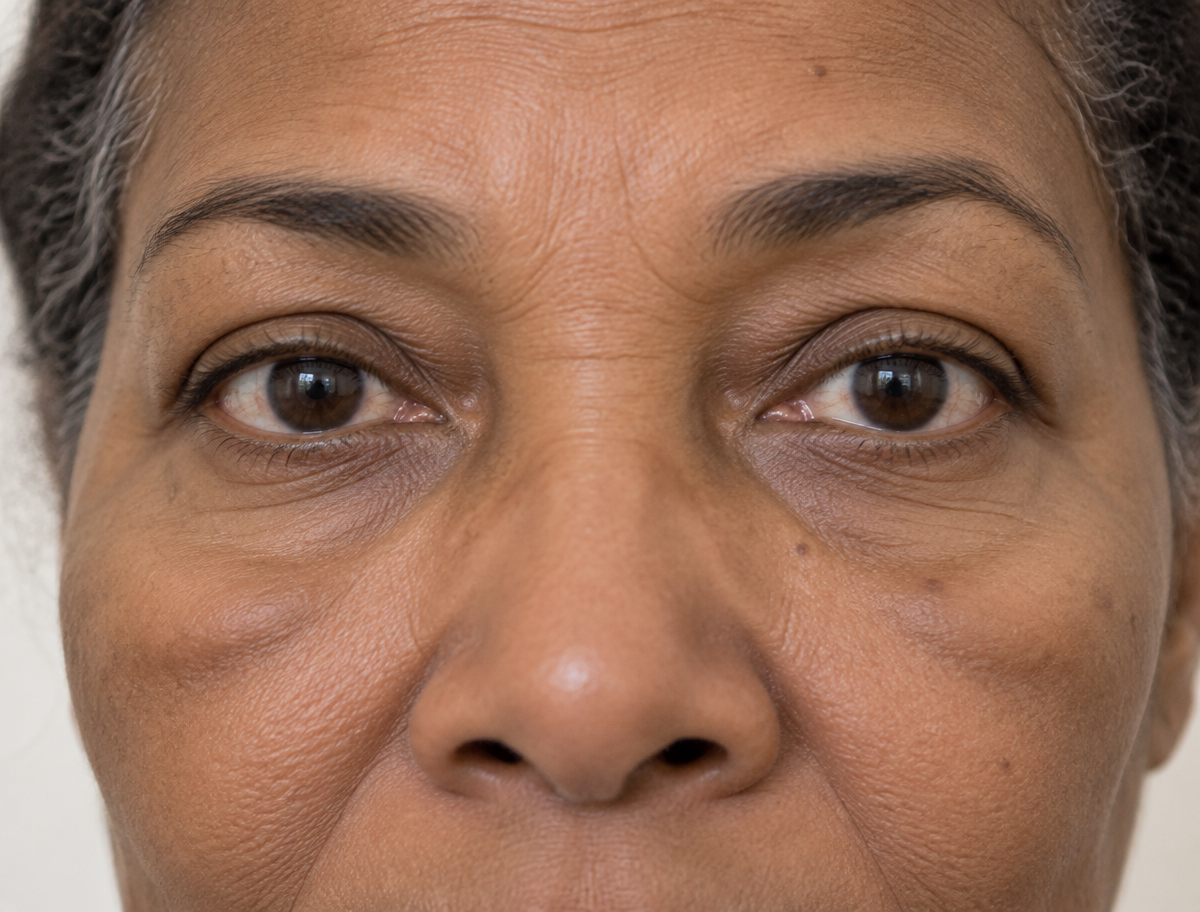 Illustrative close view of malar mounds positioned below the immediate lower eyelids