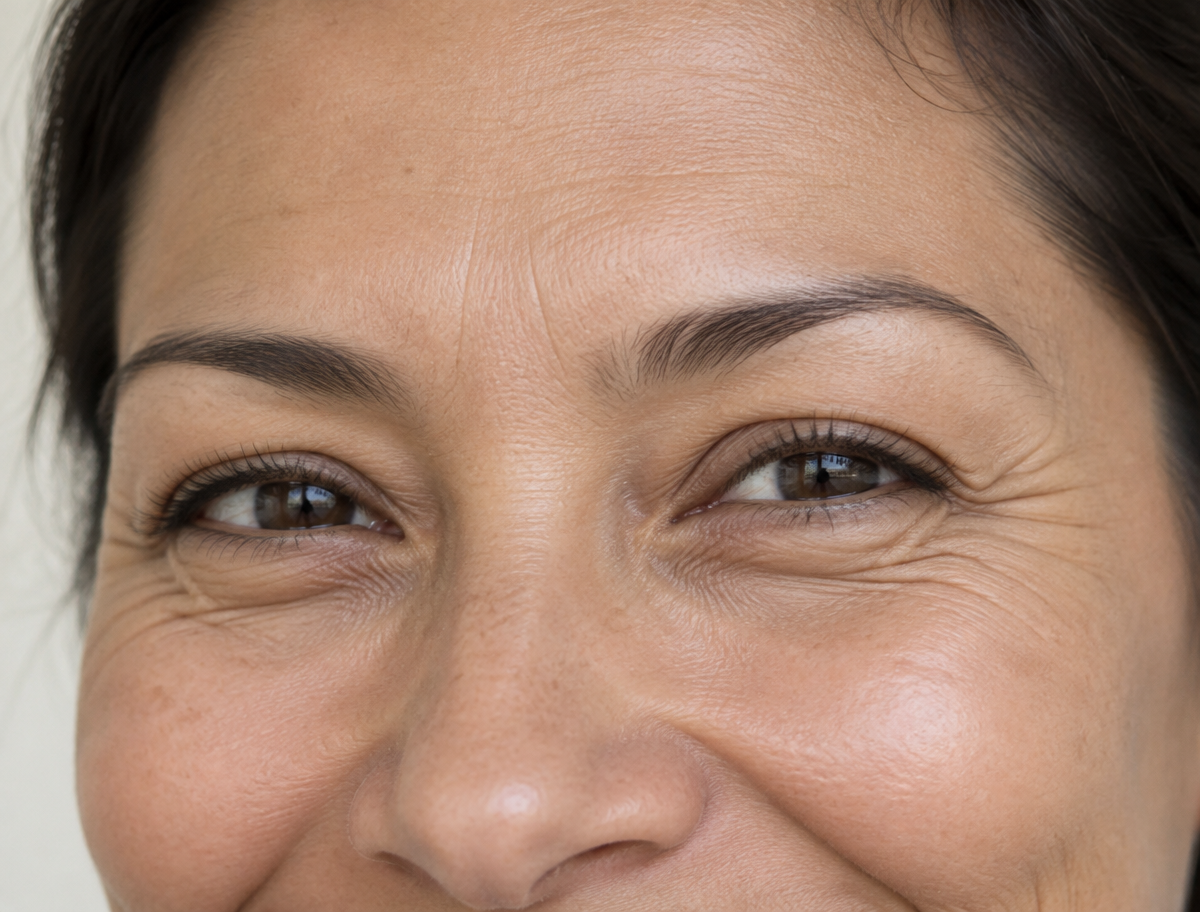 Illustrative smiling close view showing radial crow's-feet at the outer eyes