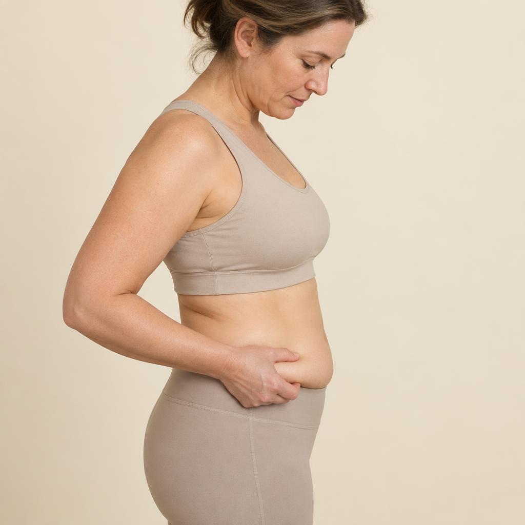 Illustrative example of a woman pinching a localized pocket of soft fat on her lower abdomen