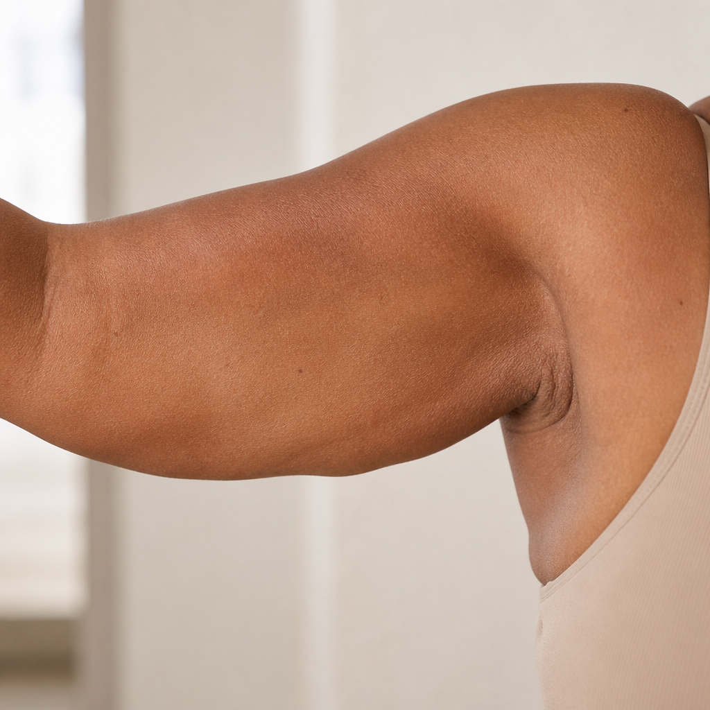 Illustrative close view of an adult upper arm with mild laxity and reduced definition
