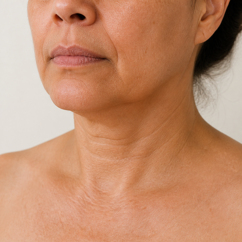 Illustrative close view of a lower face and neck with subtle early laxity