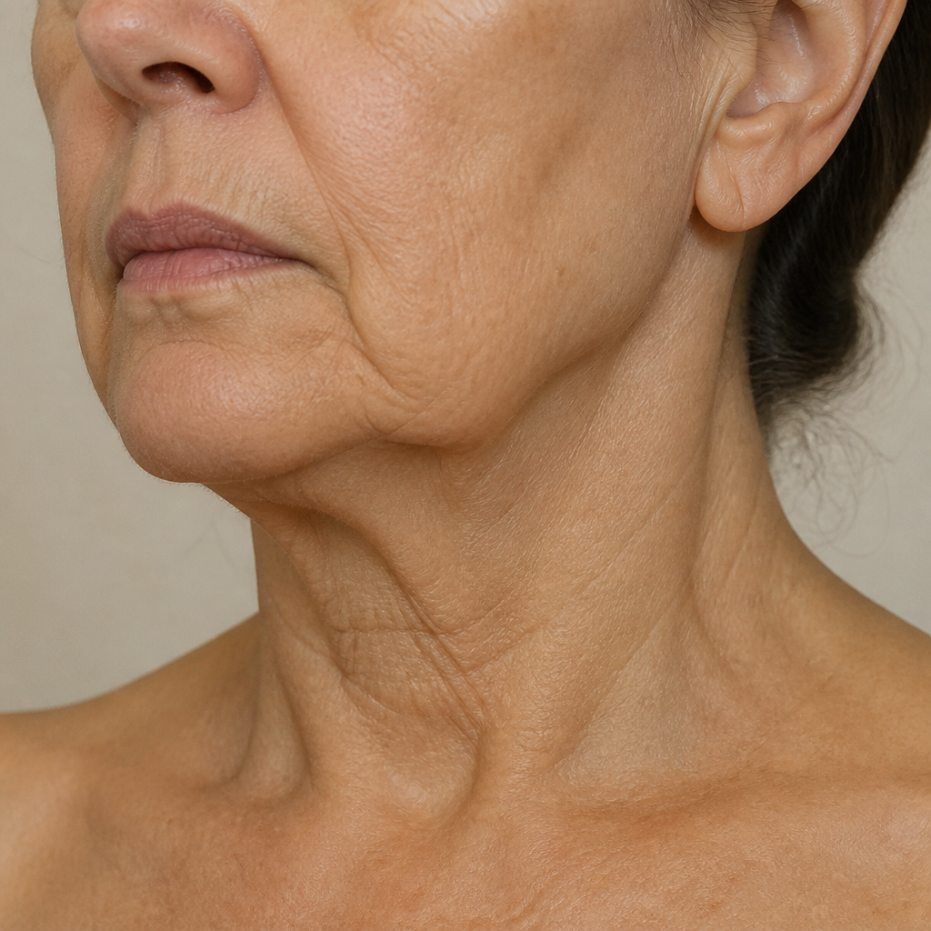 Illustrative close view of a mature lower face and neck with established laxity