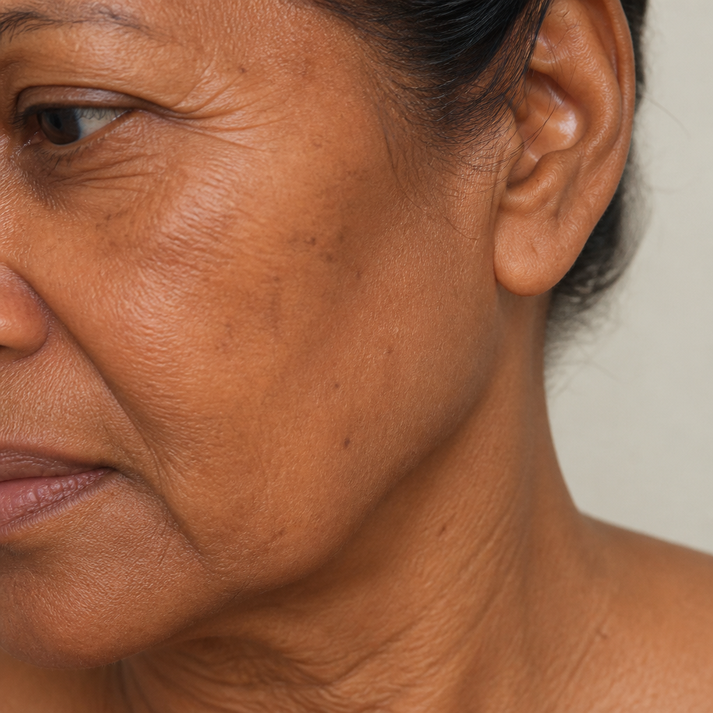 Illustrative close view of natural facial and neck skin with fine lines and crepey texture