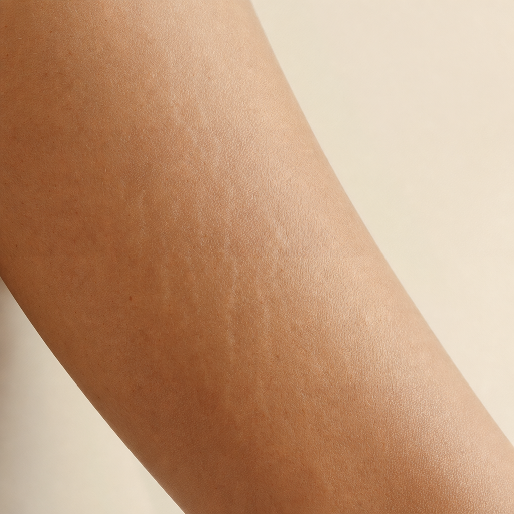 Illustrative close view of natural upper-arm skin with subtle stretch-mark texture