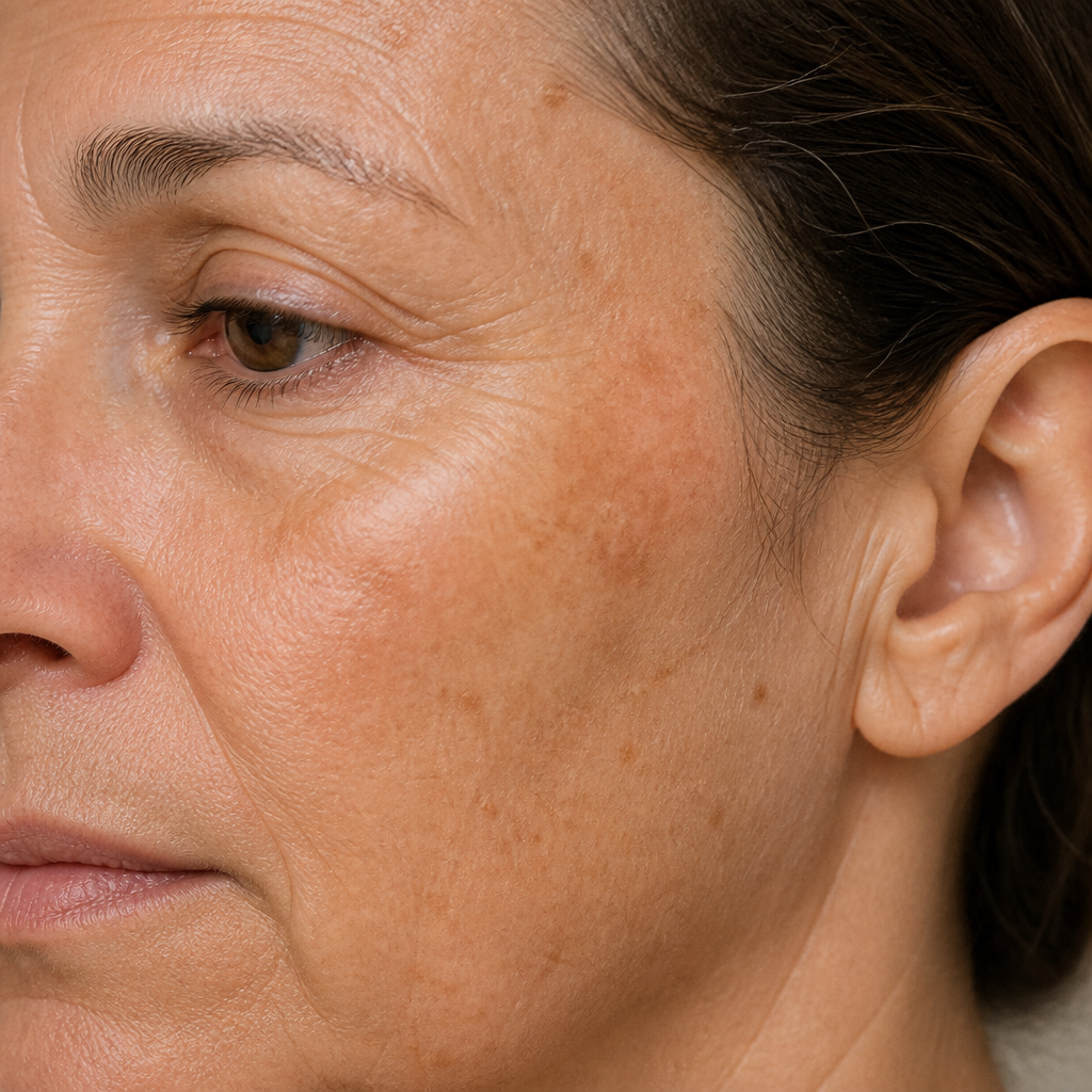 Illustrative close view of natural cheek skin with sun damage and uneven tone