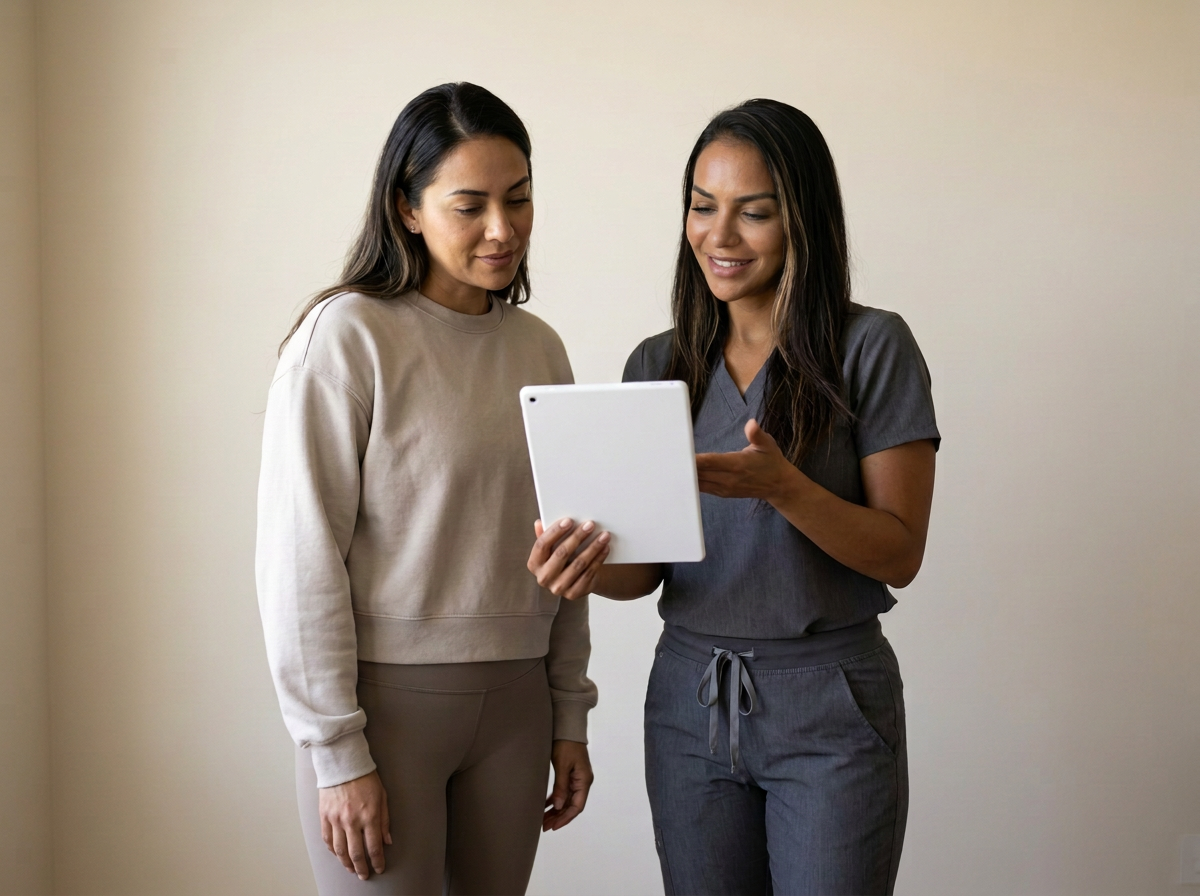 A provider discussing body-contouring goals with a patient