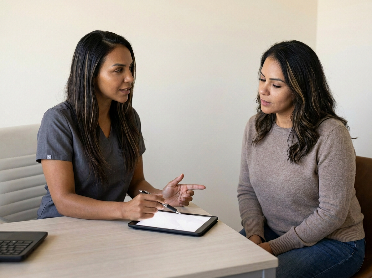 Eva discussing an individualized medical weight-management plan with a patient at Grace MedSpa in Austin