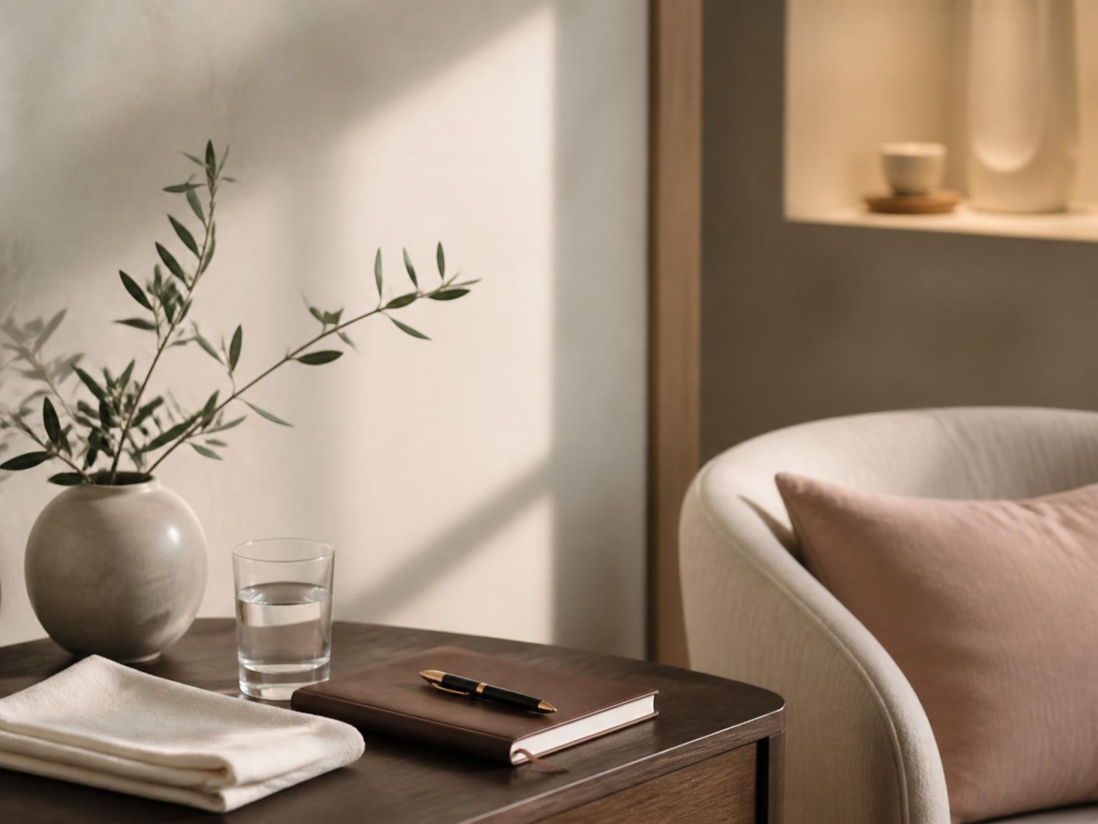 Quiet consultation corner with a notebook, water and an olive branch