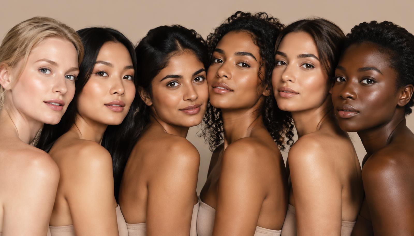 Six adult women with skin tones ranging from very fair to deep brown, representing Fitzpatrick types I through VI