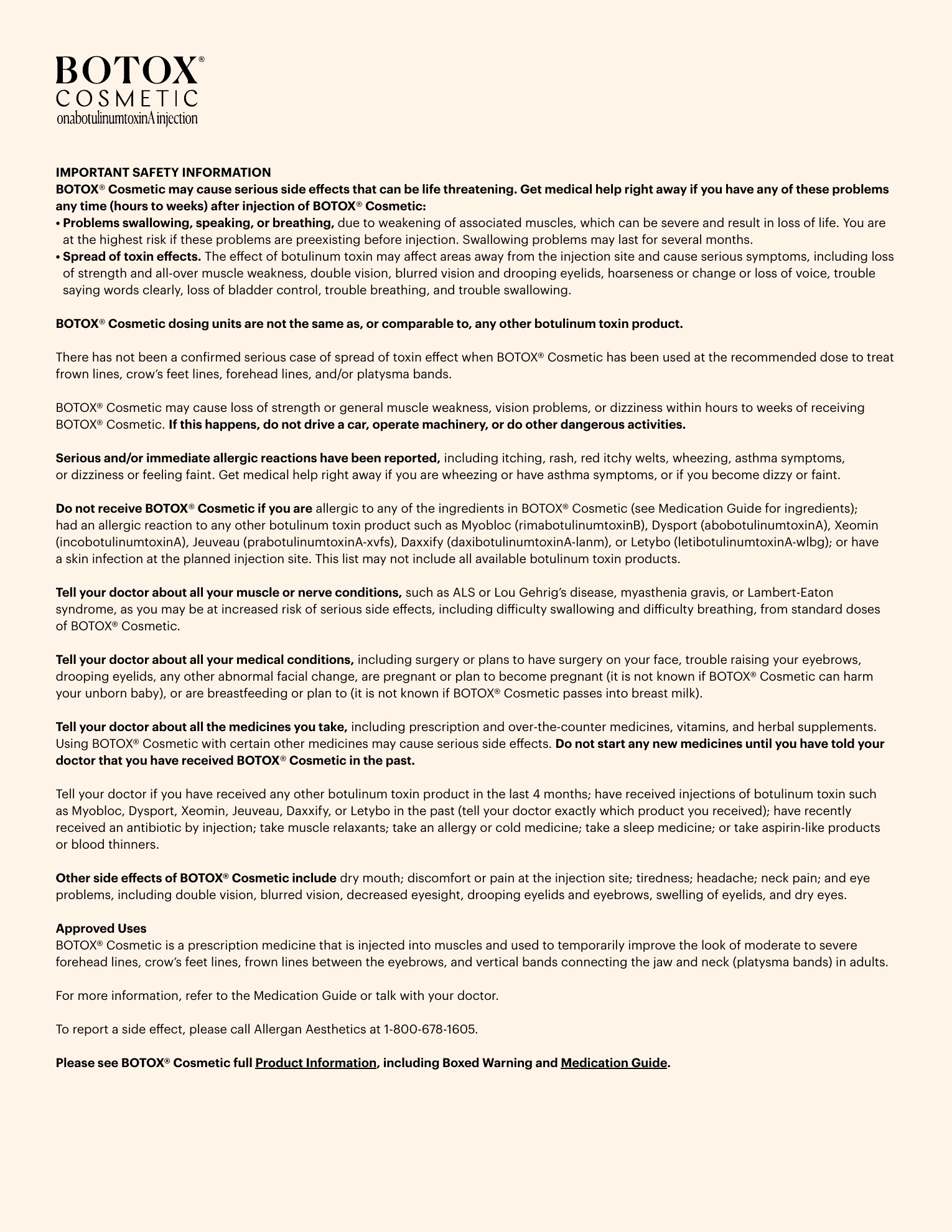 Complete unaltered BOTOX Cosmetic Important Safety Information accompanying the treatment-area map