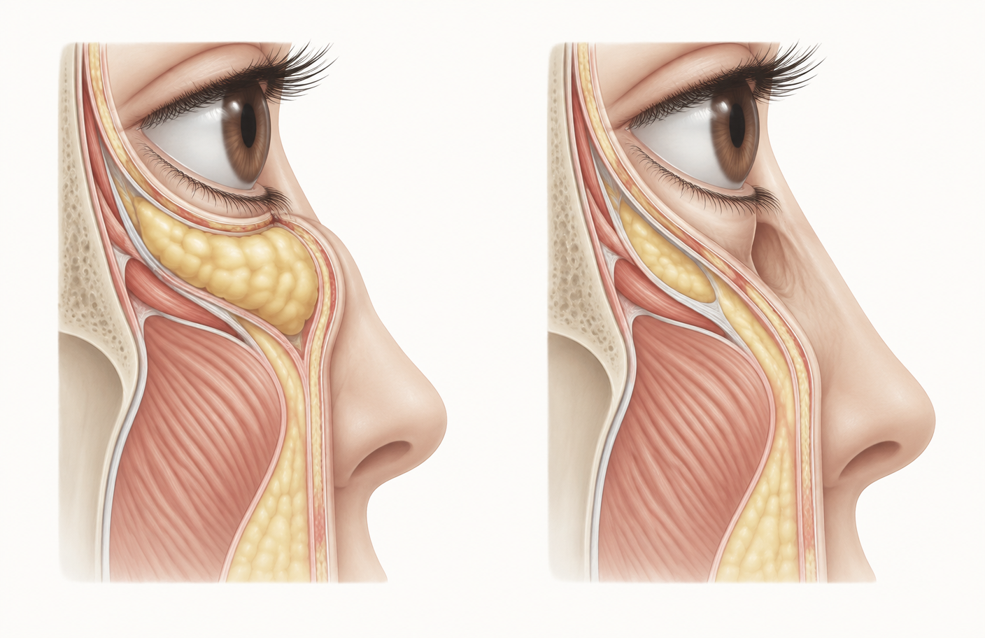 Two-panel anatomical illustration comparing projected lower-eyelid fat with an inward tear-trough depression